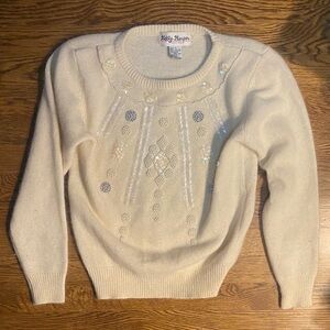 Vintage Kelly Harper beaded pearls sequins sweater ivory small petite